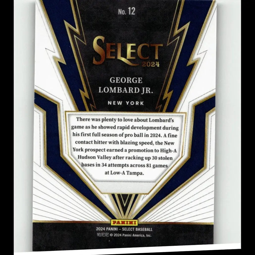 2024 panini select baseball card #12 featuring george lombard jr turbo charged insert with vibrant color design