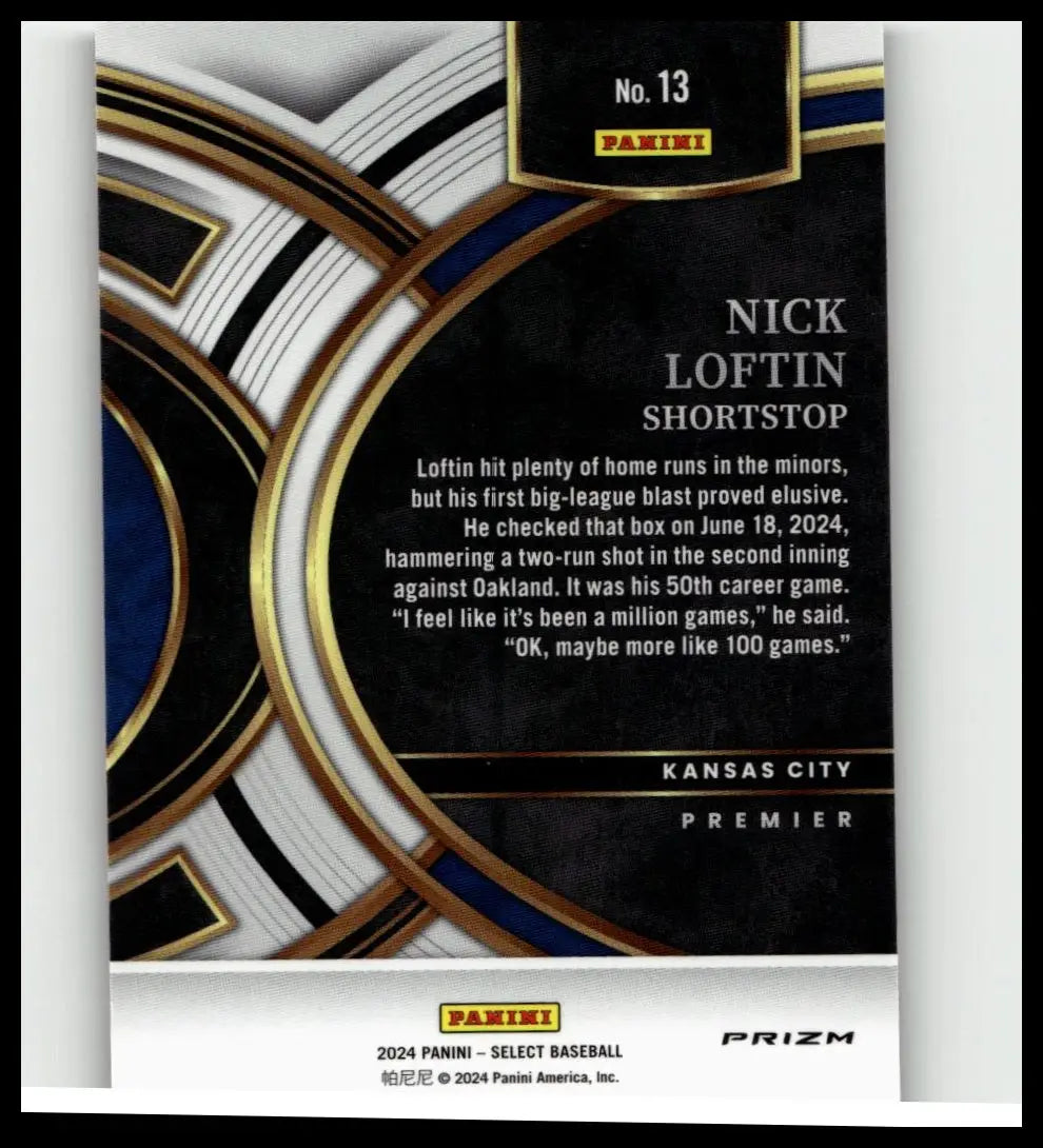 Black and gold 2024 panini select baseball card featuring nick loftin kansas city shortstop tri-color prizms