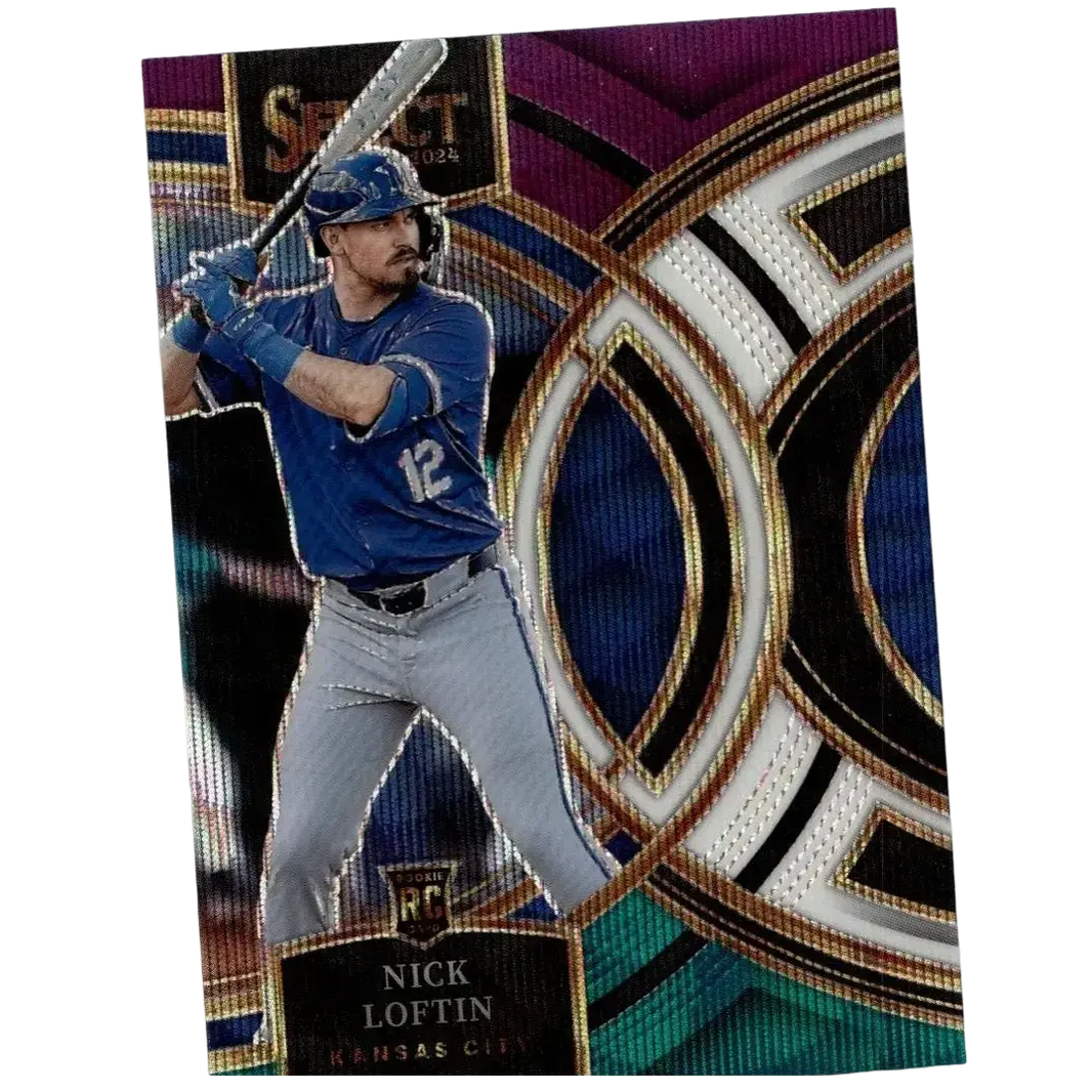 Blue and gray panini select 2024 #13 nick loftin baseball card in batting stance with gold-trimmed geometric pattern