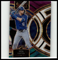 Blue and gray panini select 2024 baseball trading card featuring nick loftin in kansas city uniform with gold geometric border