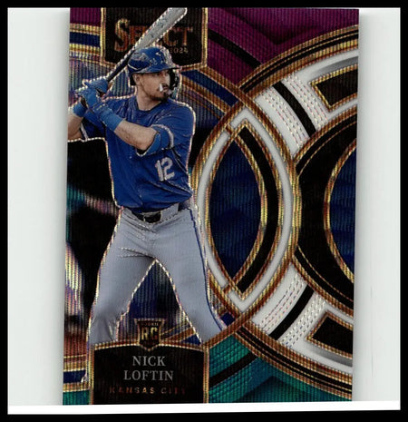 Blue and gray panini select 2024 baseball trading card featuring nick loftin in kansas city uniform with gold geometric border