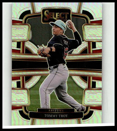 2024 panini select #14 tommy troy silver prizms baseball card showing troy mid-pitch in black jersey and gray pants