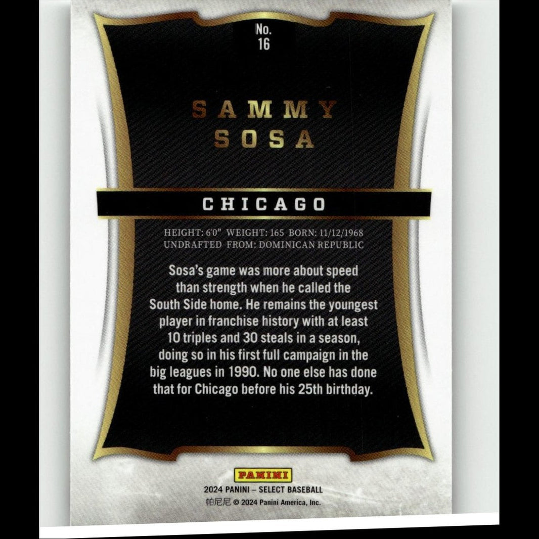 Black and gold baseball trading card featuring sammy sosa with a textured, shield-shaped design.