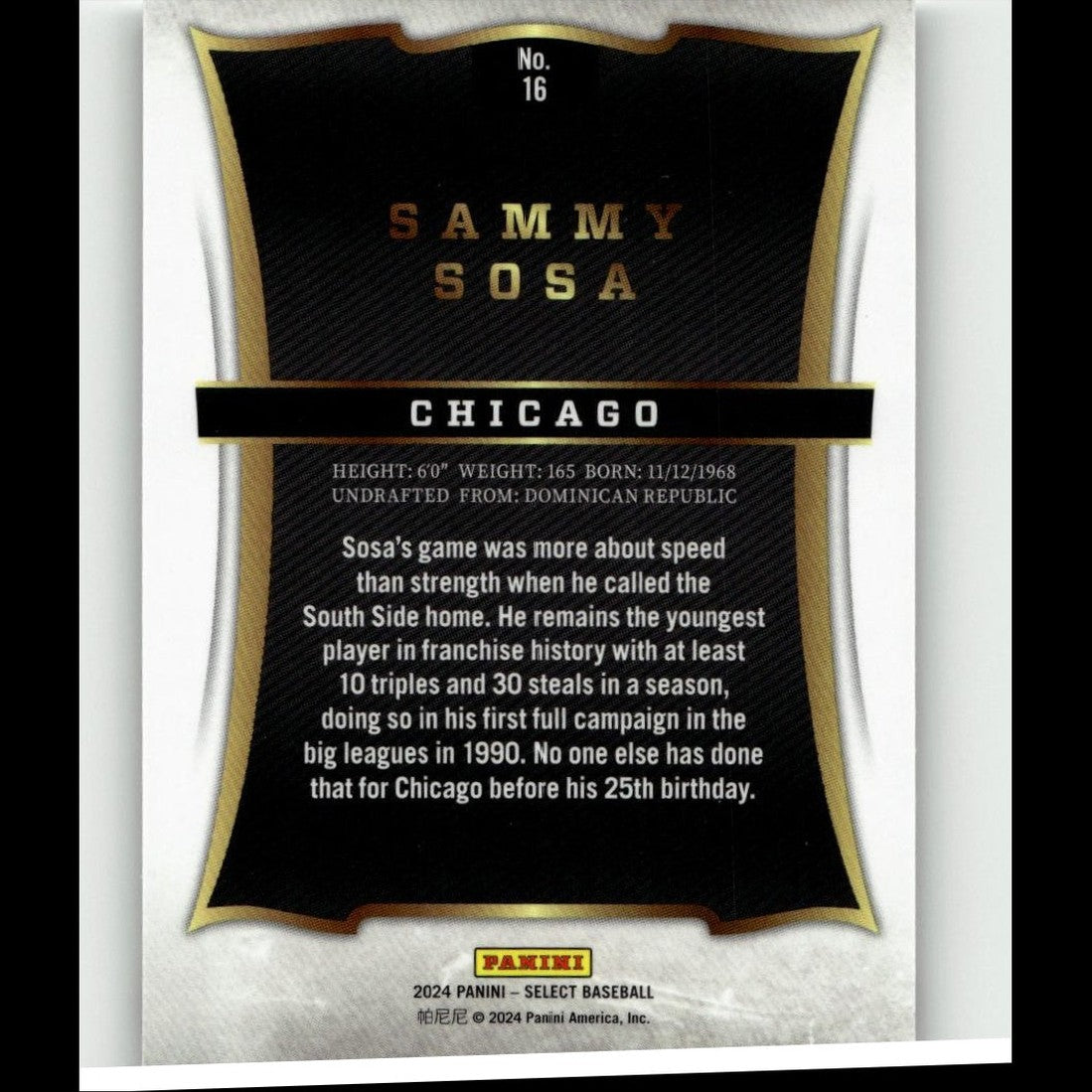 Black and gold baseball trading card featuring sammy sosa with a textured, shield-shaped design.