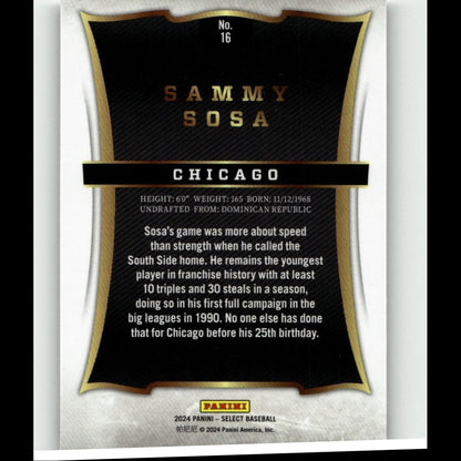 Black and gold baseball trading card featuring sammy sosa with a textured, shield-shaped design.