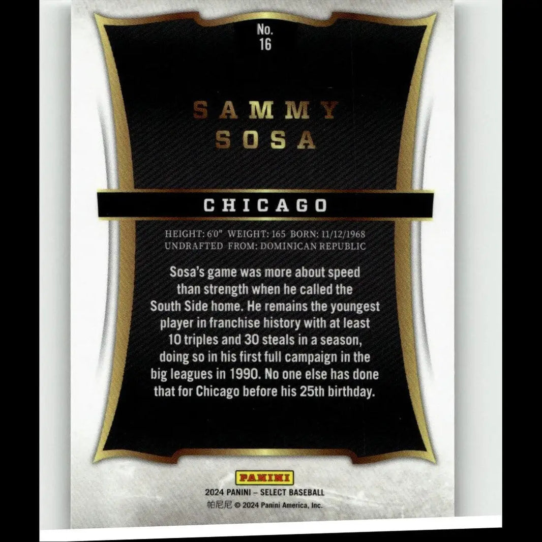 Black and gold baseball trading card featuring sammy sosa with a textured, shield-shaped design.