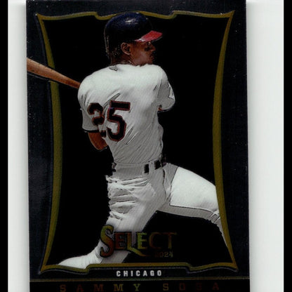 Black and gold framed baseball trading card featuring sammy sosa in a white uniform with number 25, wearing a blue helmet.