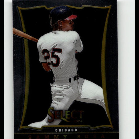 Black and gold framed baseball trading card featuring sammy sosa in a white uniform with number 25, wearing a blue helmet.