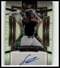 A shimmering holographic 2024 panini select baseball card featuring sebastian walcott in mid-swing with autograph panel