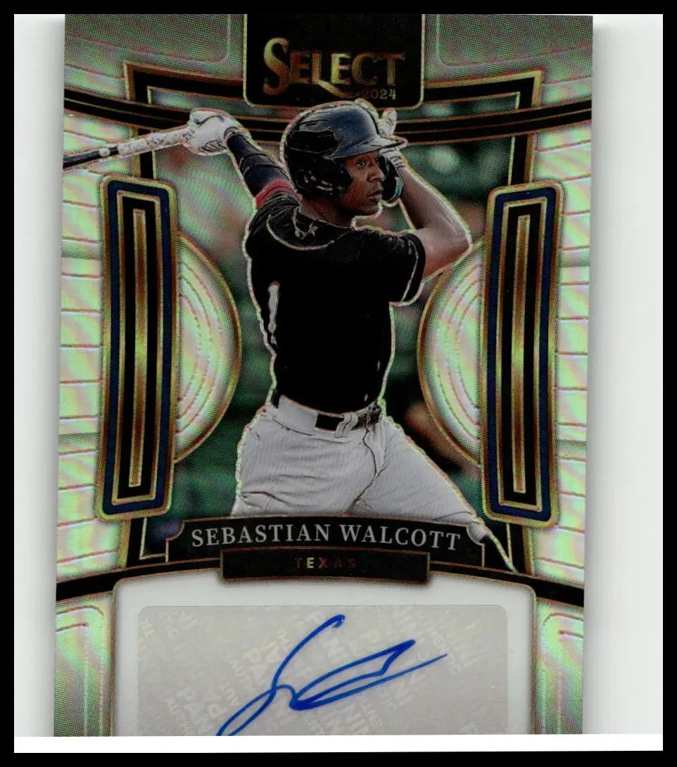 A shimmering holographic 2024 panini select baseball card featuring sebastian walcott in mid-swing with autograph panel