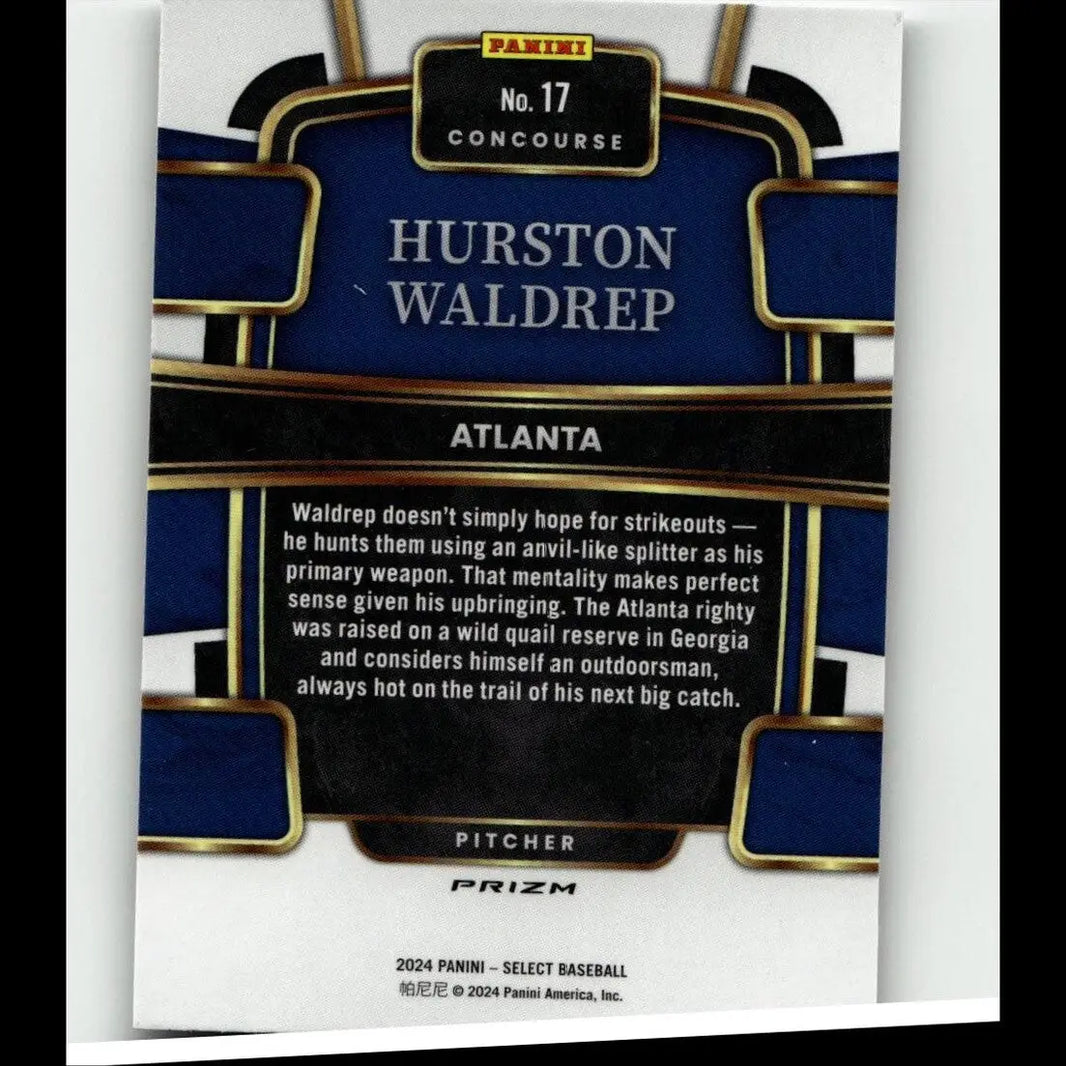 Blue and gold panini select 2024 silver prizm baseball trading card featuring hurston waldrep atlanta pitcher