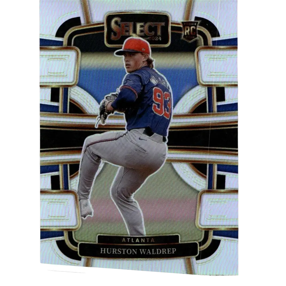 A 2024 panini select silver prizm baseball card featuring hurston waldrep pitching in an atlanta braves uniform