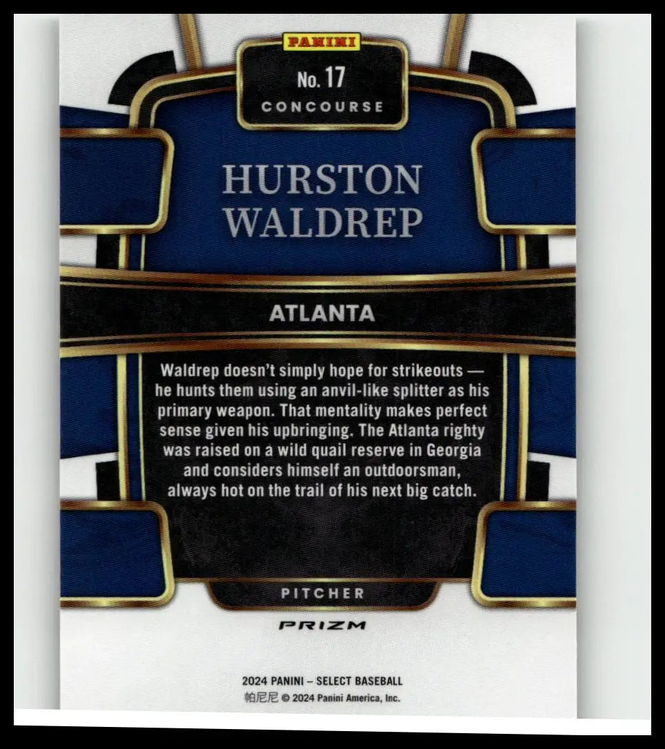 Blue and gold panini select baseball trading card featuring hurston waldrep as pitcher for atlanta team
