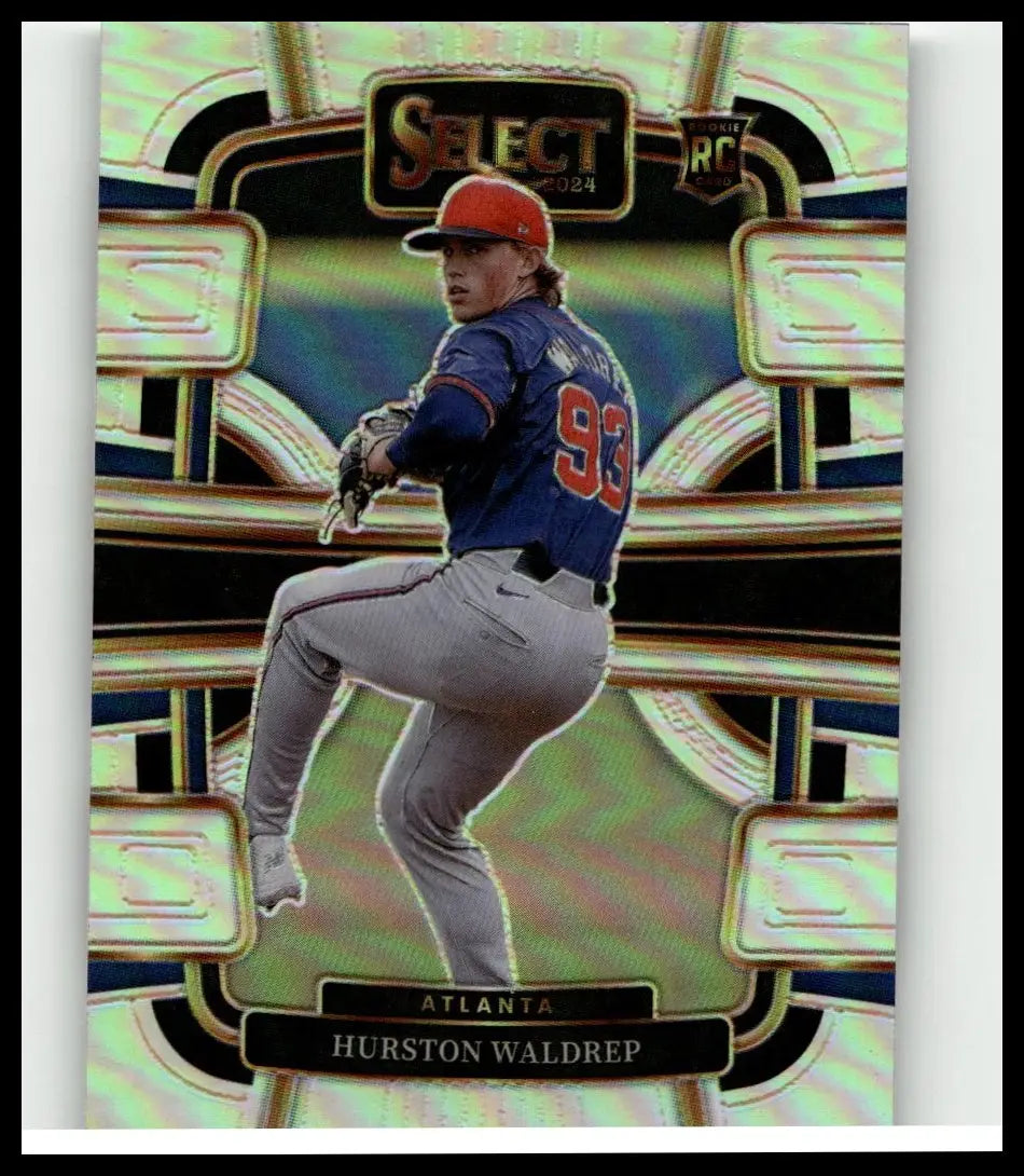 2024 panini select baseball trading card featuring hurston waldrep in atlanta braves uniform mid-pitch with red cap and blue jersey
