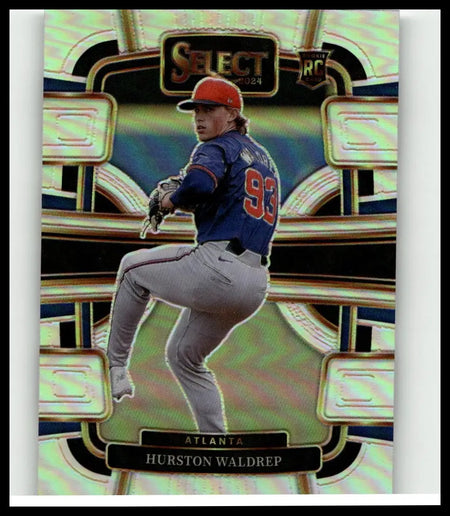 2024 panini select baseball trading card featuring hurston waldrep in atlanta braves uniform mid-pitch with red cap and blue jersey