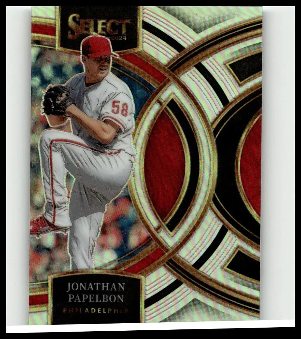 A 2024 panini select baseball card featuring jonathan papelbon silver prizms in white and red uniform number 58