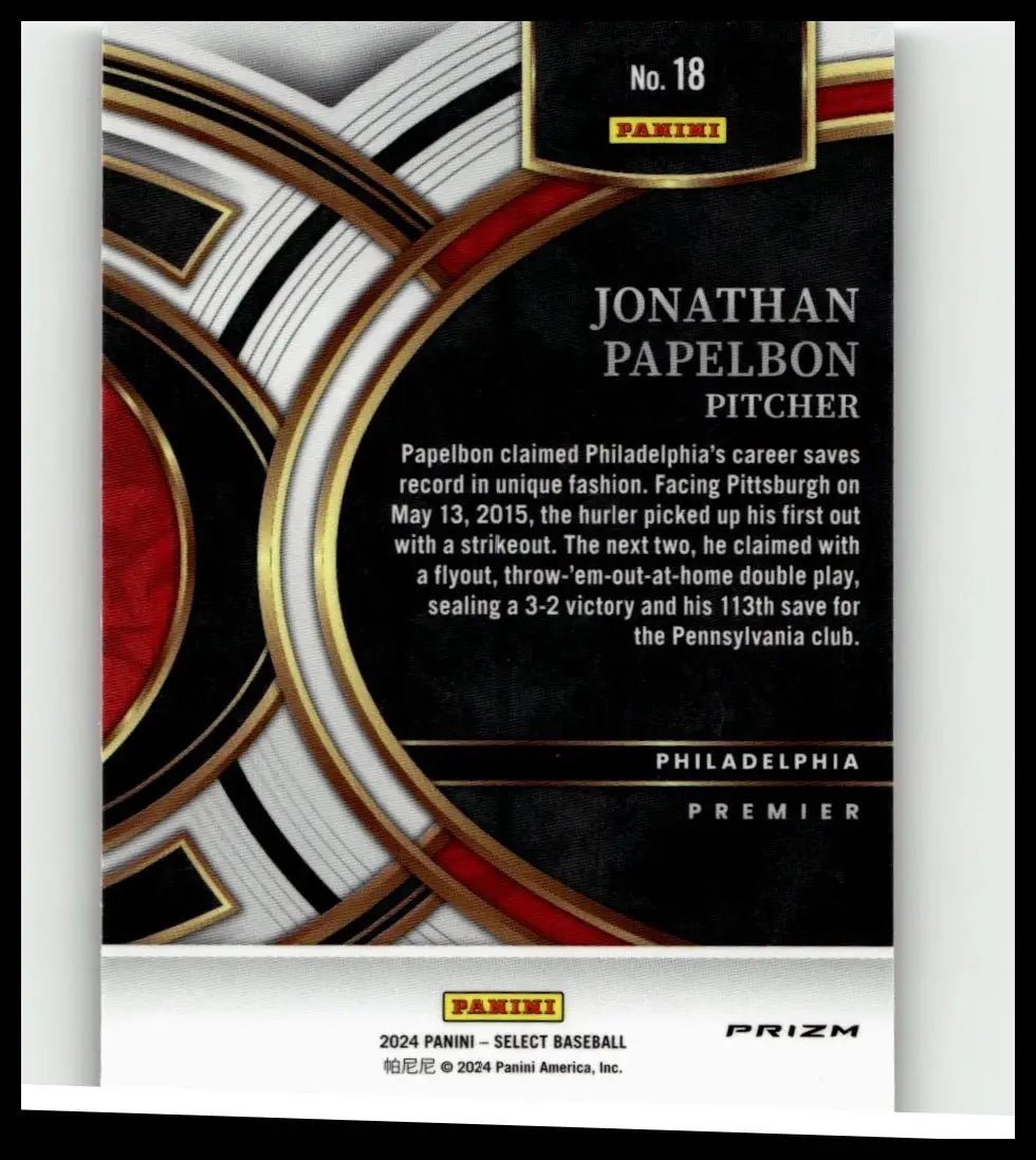 Black and red 2024 panini select #18 jonathan papelbon silver prizms baseball card with gold accents and prizm finish