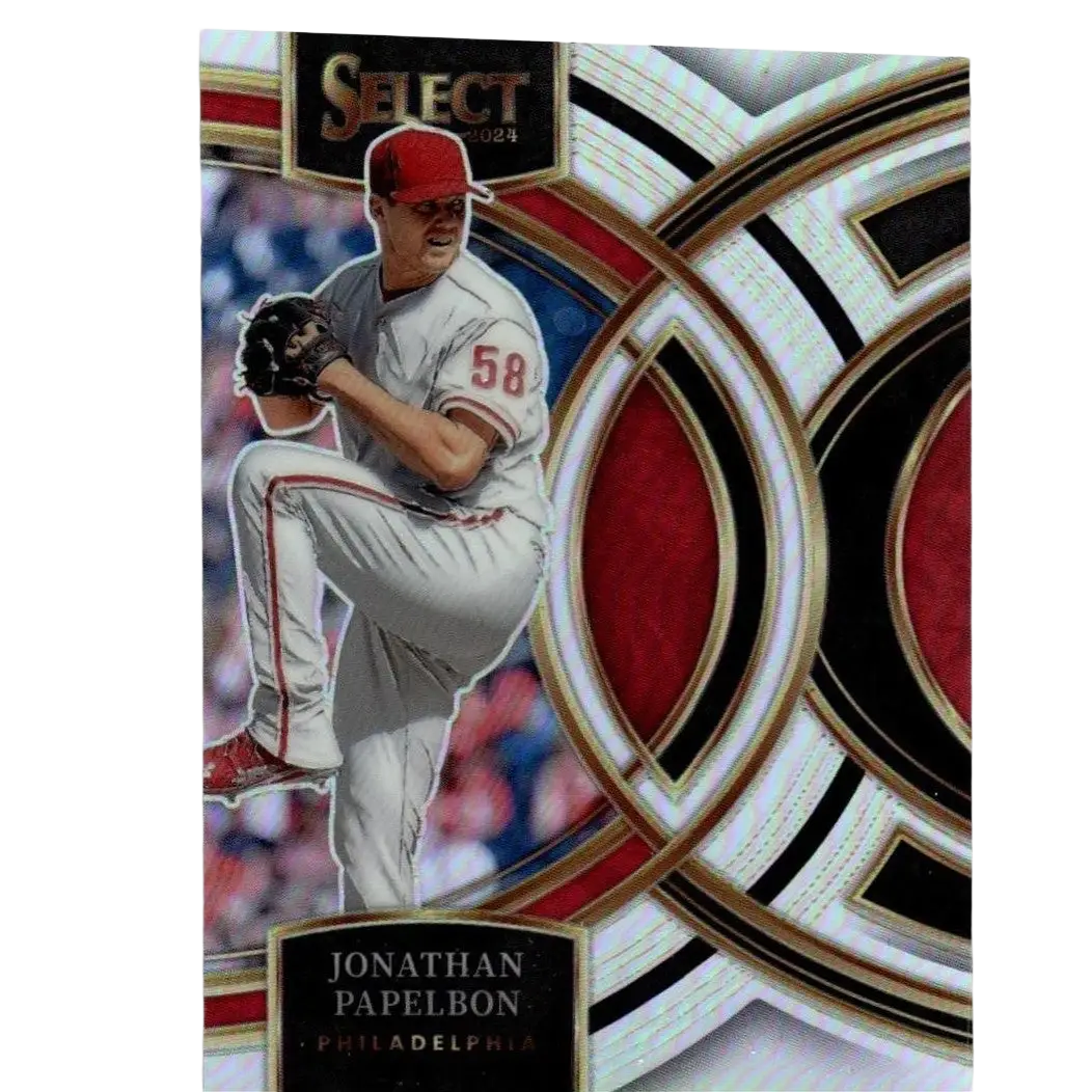 A 2024 panini select baseball trading card featuring Jonathan Papelbon in a white Phillies uniform number 58