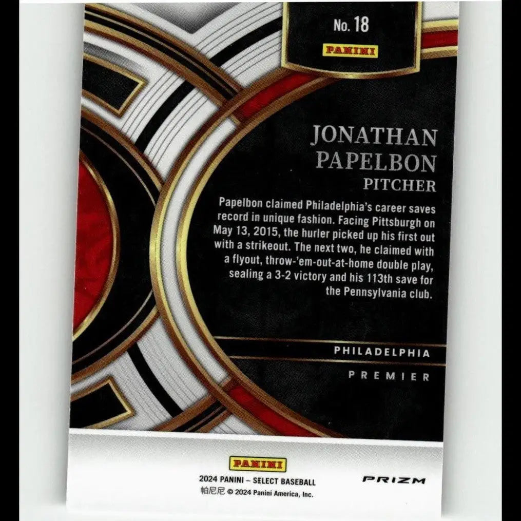 Black and red 2024 panini select jonathan papelbon baseball trading card with gold accents and prizm finish