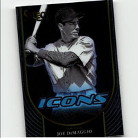 Black baseball trading card featuring a portrait of joe dimaggio in his new york uniform, with the ’select icons’ branding and blue lettering.