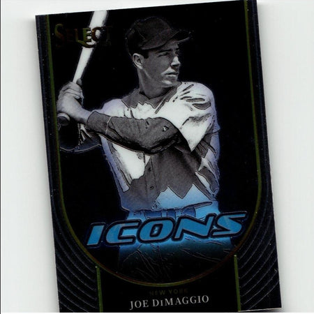 Black baseball trading card featuring a portrait of joe dimaggio in his new york uniform, with the ’select icons’ branding and blue lettering.