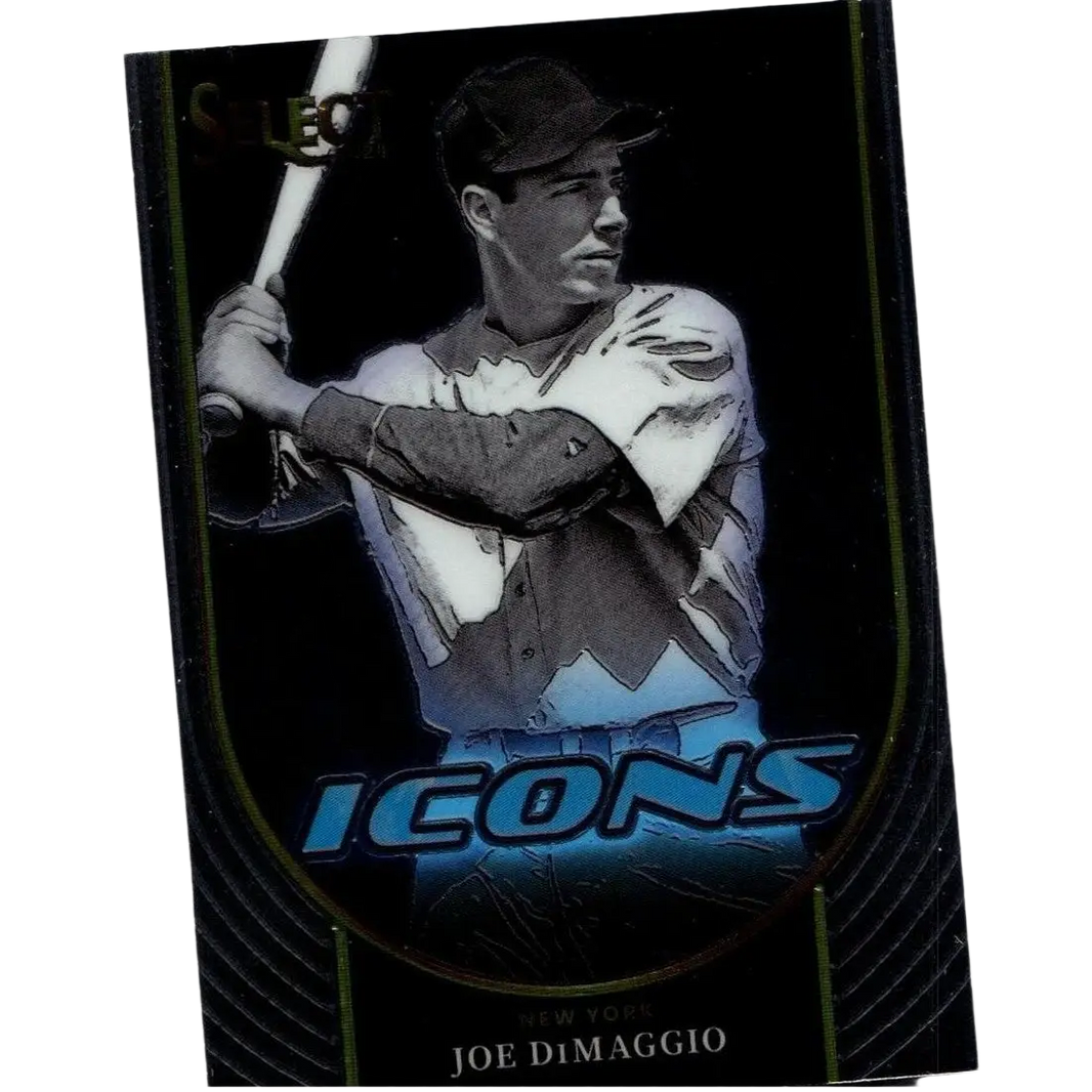 Black baseball trading card featuring a portrait of joe dimaggio in his new york uniform, with the ’select icons’ branding and blue lettering.
