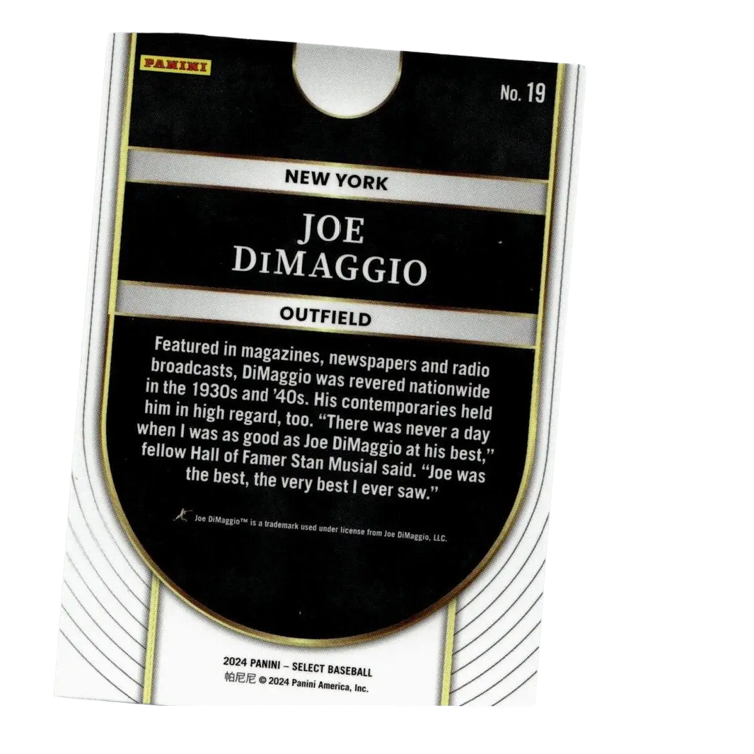 Black and gold baseball trading card featuring joe dimaggio, with white text on a glossy surface.