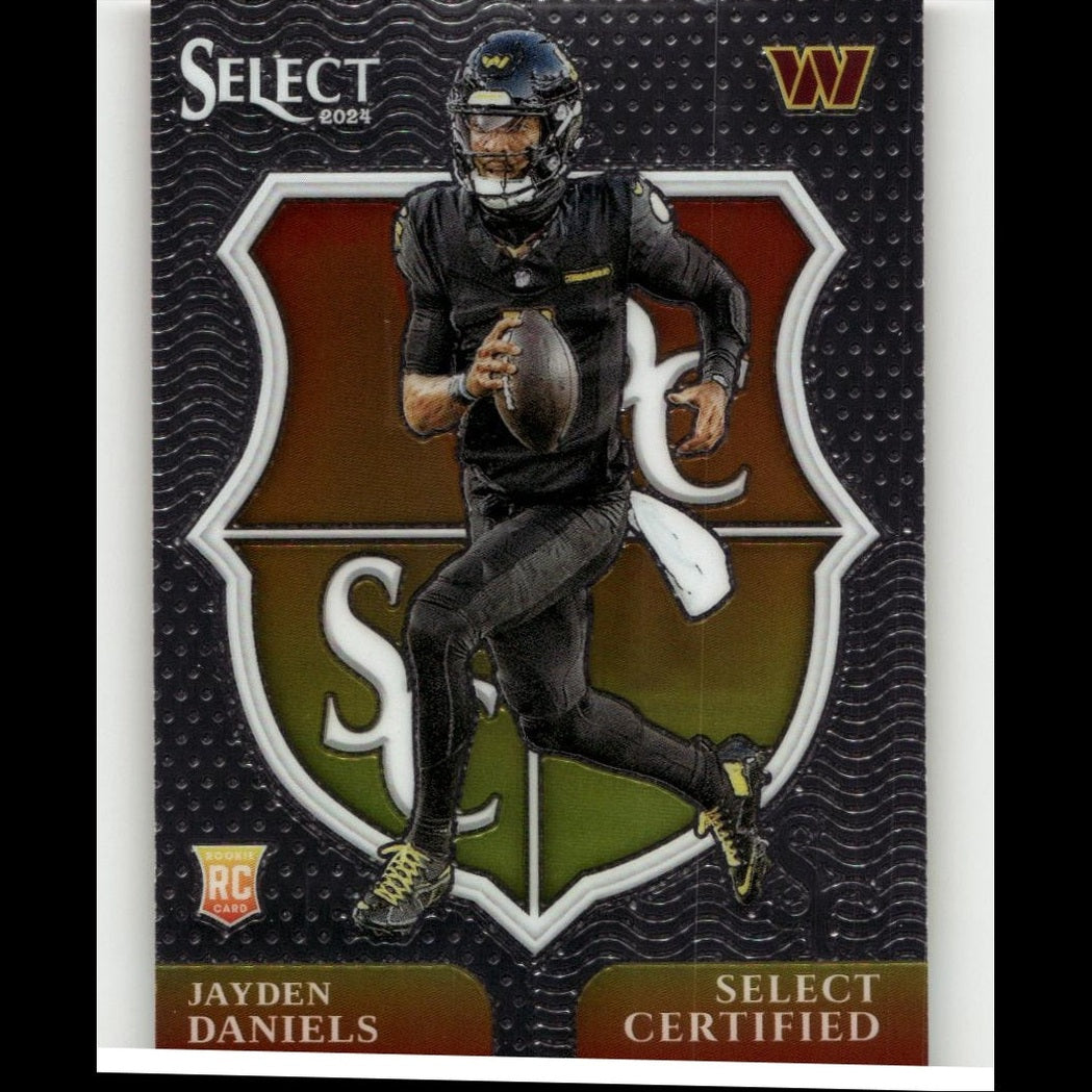 Black football trading card featuring jayden daniels in a black uniform with yellow accents, holding a brown football.