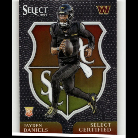 Black football trading card featuring jayden daniels in a black uniform with yellow accents, holding a brown football.