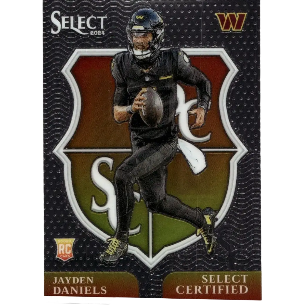 Black football trading card featuring jayden daniels in a black uniform with yellow accents, holding a brown football.
