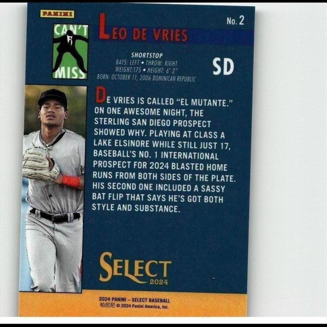 Blue and orange baseball trading card featuring leo de vries, a shortstop prospect for the 2024 panini select baseball series.