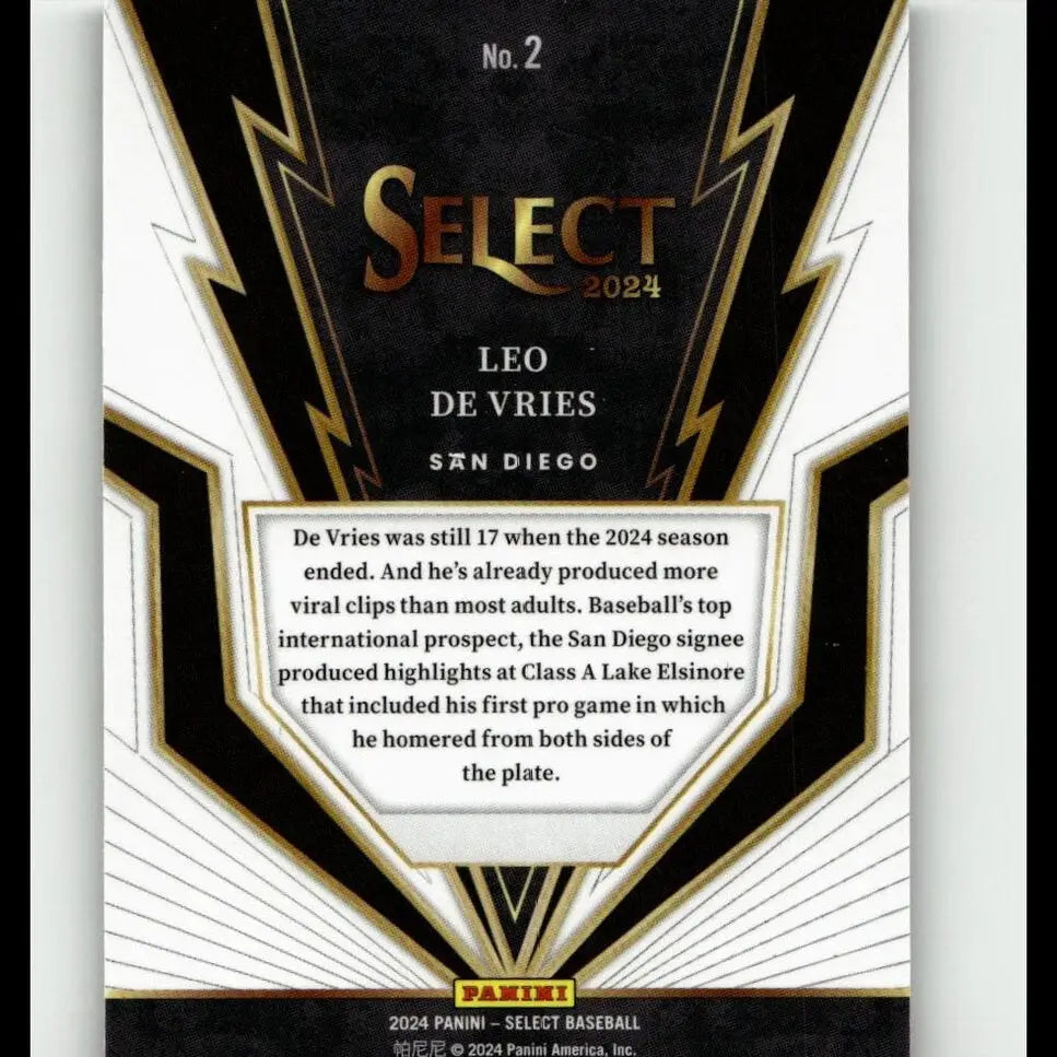 Black and gold panini select 2024 baseball trading card featuring san diego leo de vries vries turbo charged edition