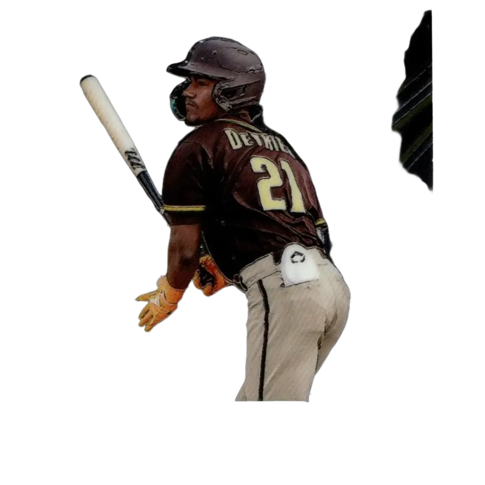 A 2024 panini select vries turbo charged baseball trading card showing leo dethier in a brown jersey number 21 holding a bat