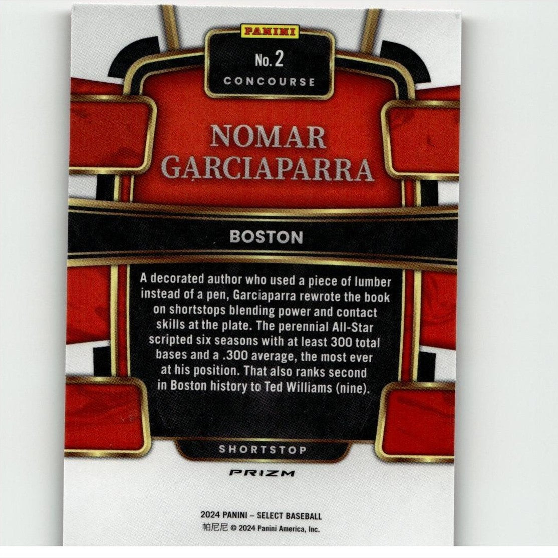 Red and black panini baseball trading card featuring nomar garciaparra with gold accents.
