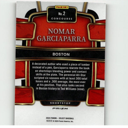Red and black panini baseball trading card featuring nomar garciaparra with gold accents.