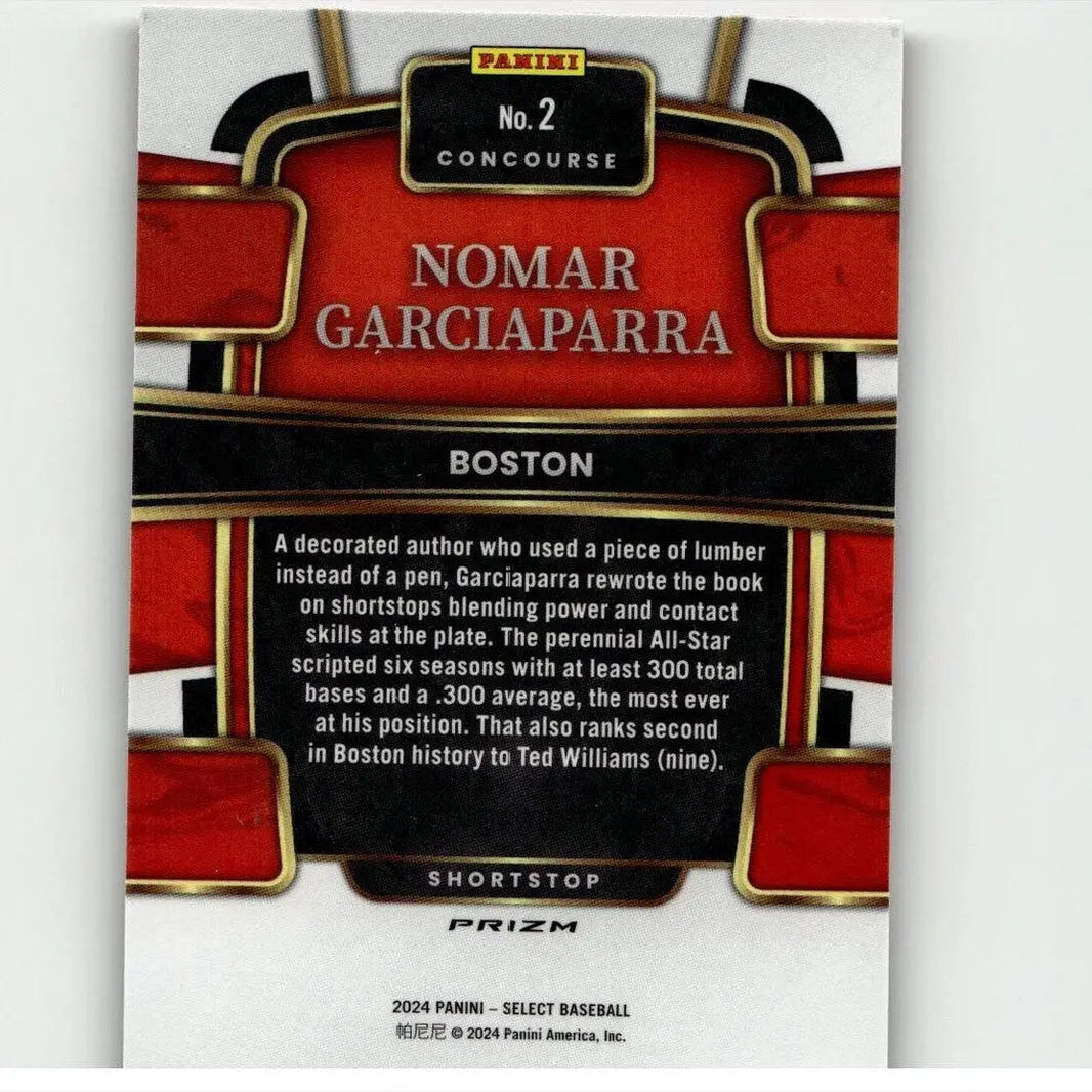 Red and black panini baseball trading card featuring nomar garciaparra with gold accents.