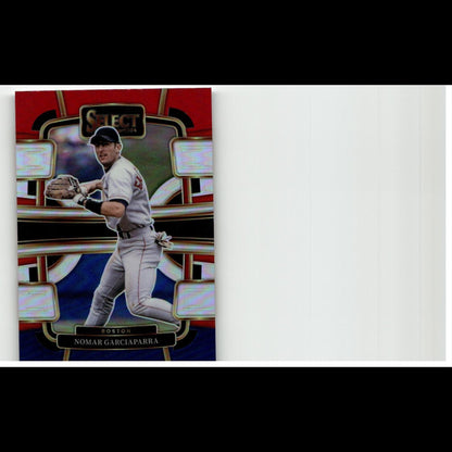 A red, blue, and gold-bordered baseball trading card featuring nomar garciaparra in a gray boston uniform with black cap and glove.