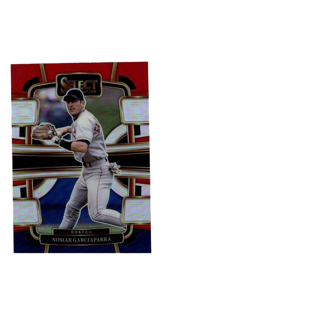 A red, blue, and gold-bordered baseball trading card featuring nomar garciaparra in a gray boston uniform with black cap and glove.