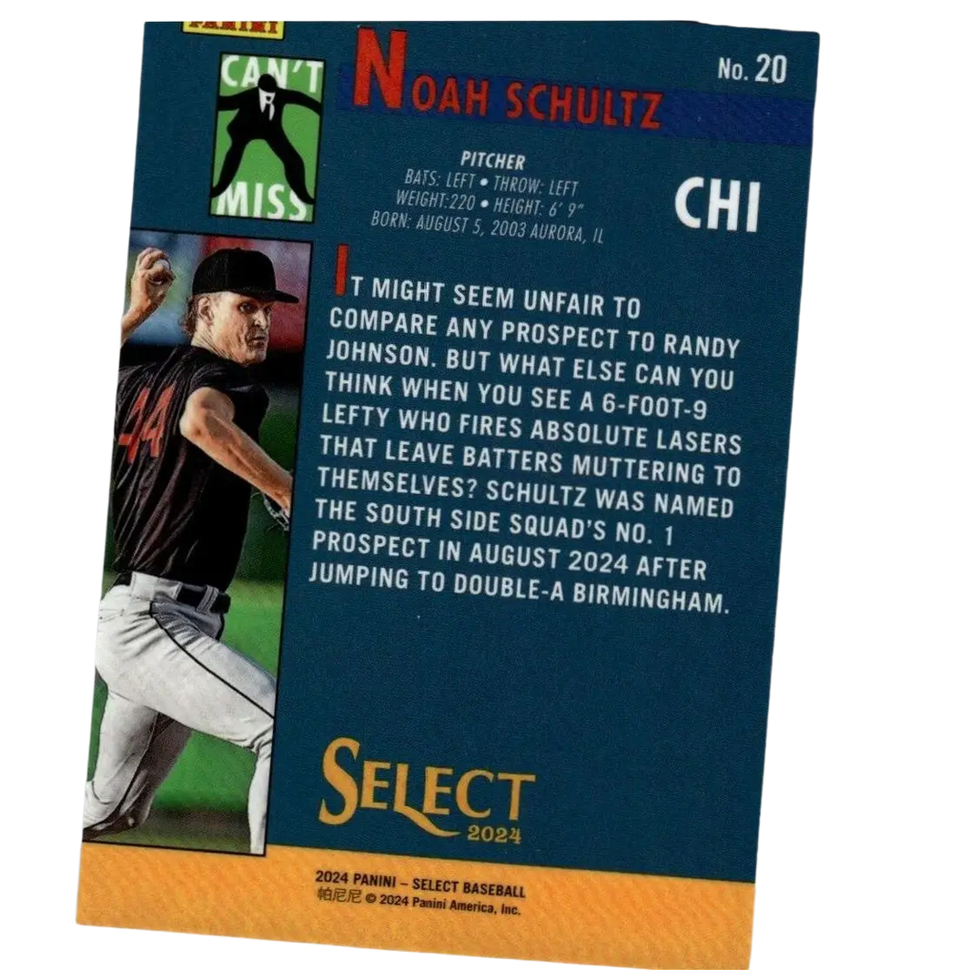 2024 panini select noah schultz baseball card with dark blue orange design and gold lettering from can t miss series