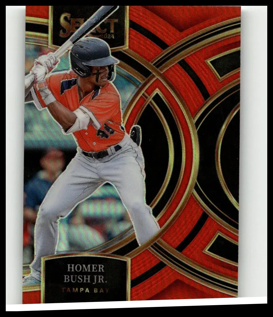 Red and black geometric-patterned panini select baseball trading card featuring homer bush in orange flash prizms jersey
