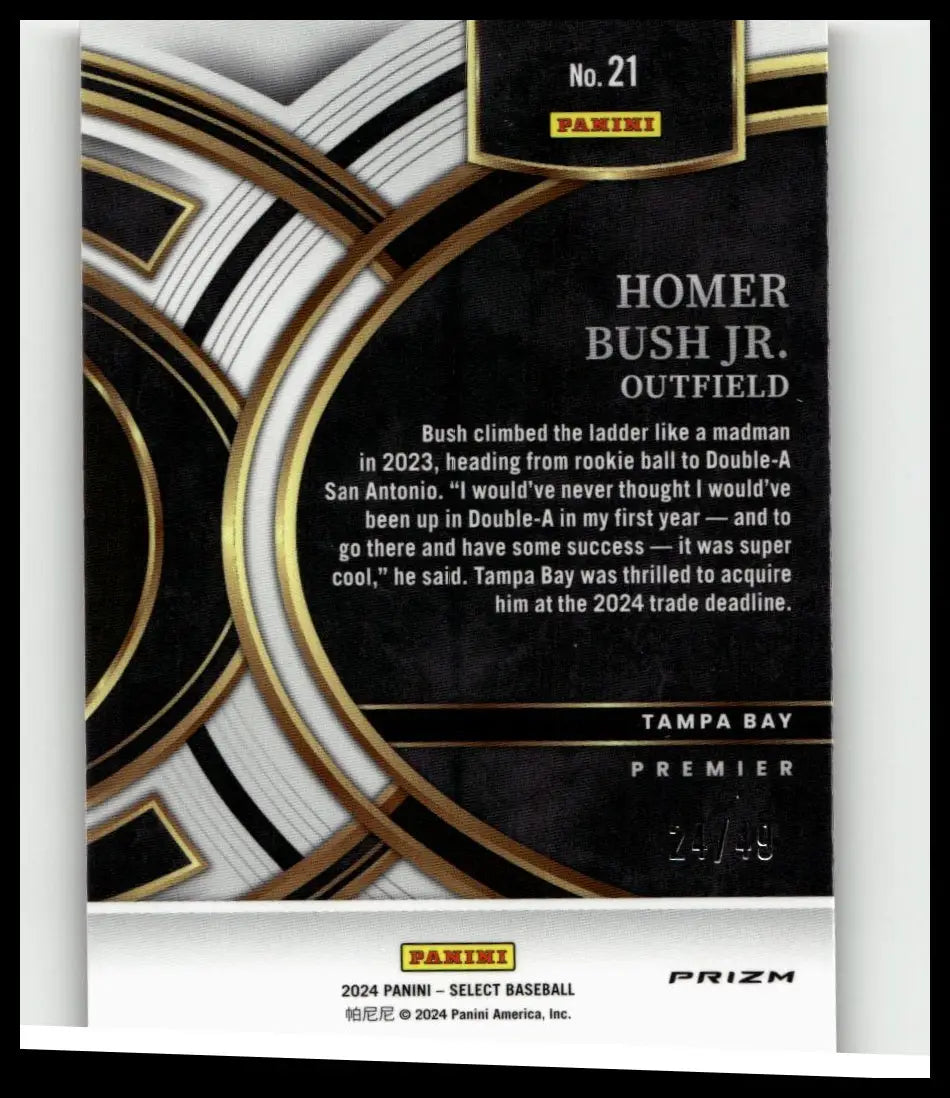 Black and gold 2024 panini select homer bush jr baseball trading card featuring orange flash prizms finish