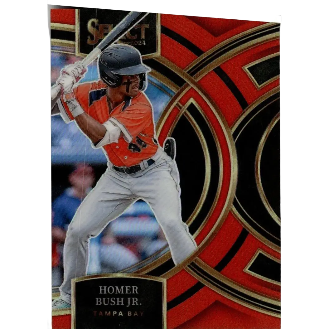 Orange and gray baseball jersey with black helmet worn by homer bush jr in 2024 panini select orange prizms card