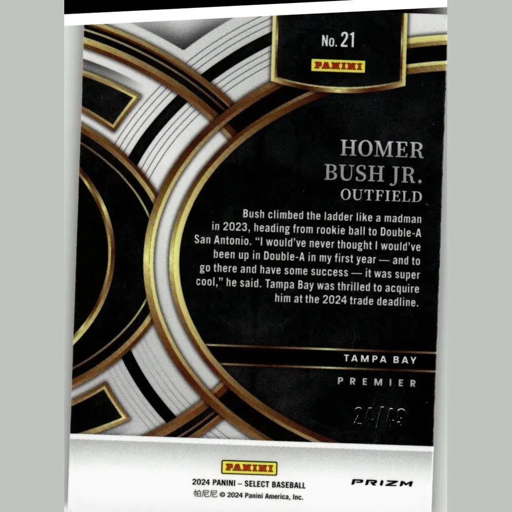 Black and gold 2024 panini select homer bush jr baseball card with orange prizms numbered to 49