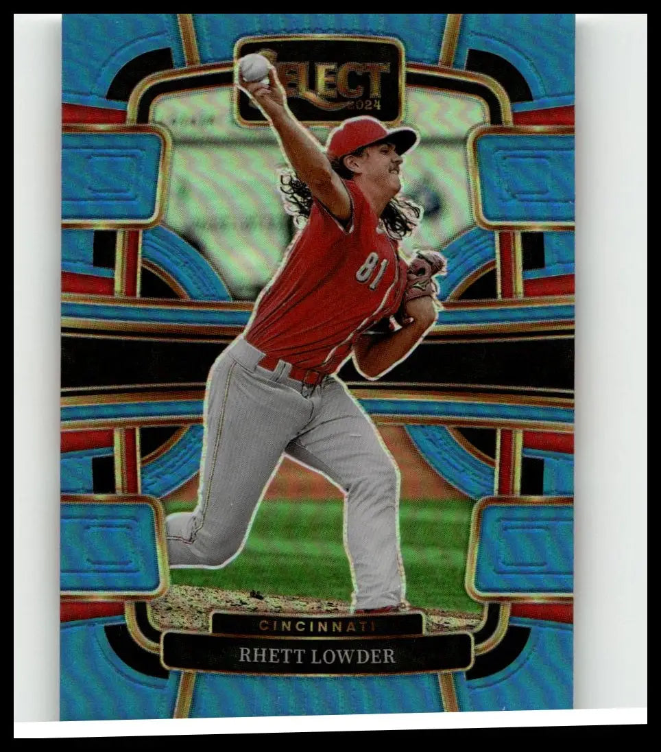 A 2024 panini select #21 rhett lowder light blue prizms baseball card showing lowder mid-pitch in red jersey