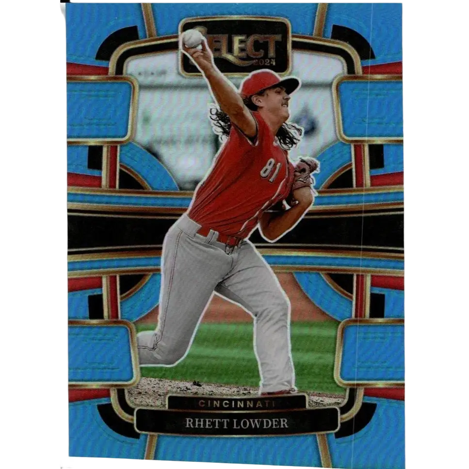 A 2024 panini select baseball card of rhett lowder light blue prizms showing him mid-pitch with long hair flowing