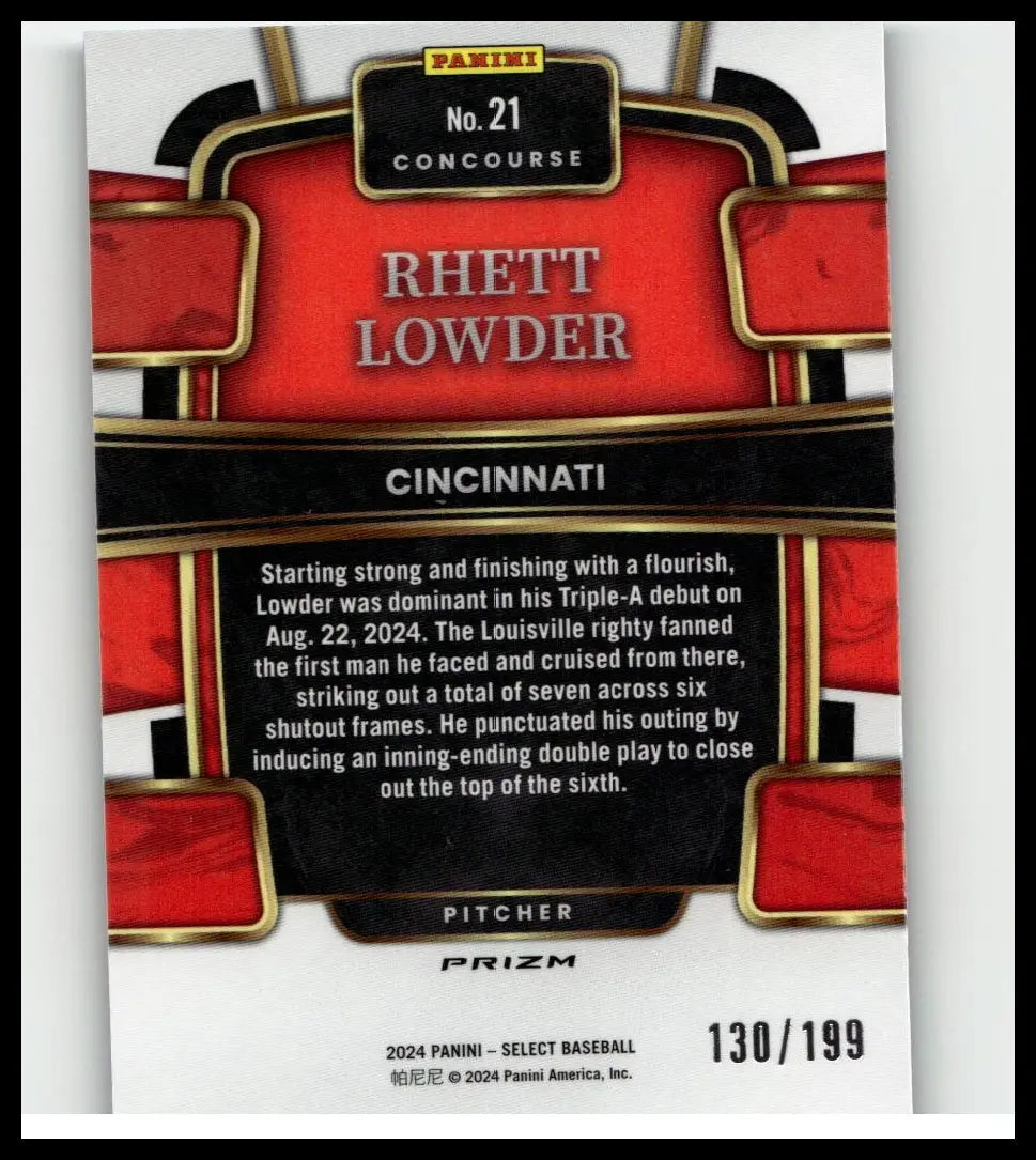 Red and black 2024 panini select rhett lowder light blue prizms baseball card numbered 21 of 199 from cincinnati