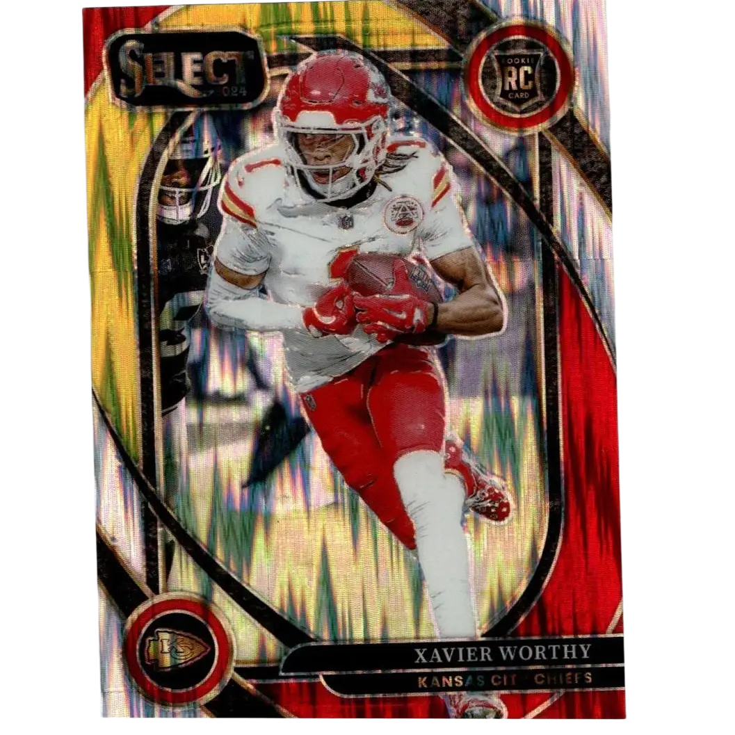 2024 panini select red and yellow prizm shock trading card featuring xavier worthy red in chiefs uniform