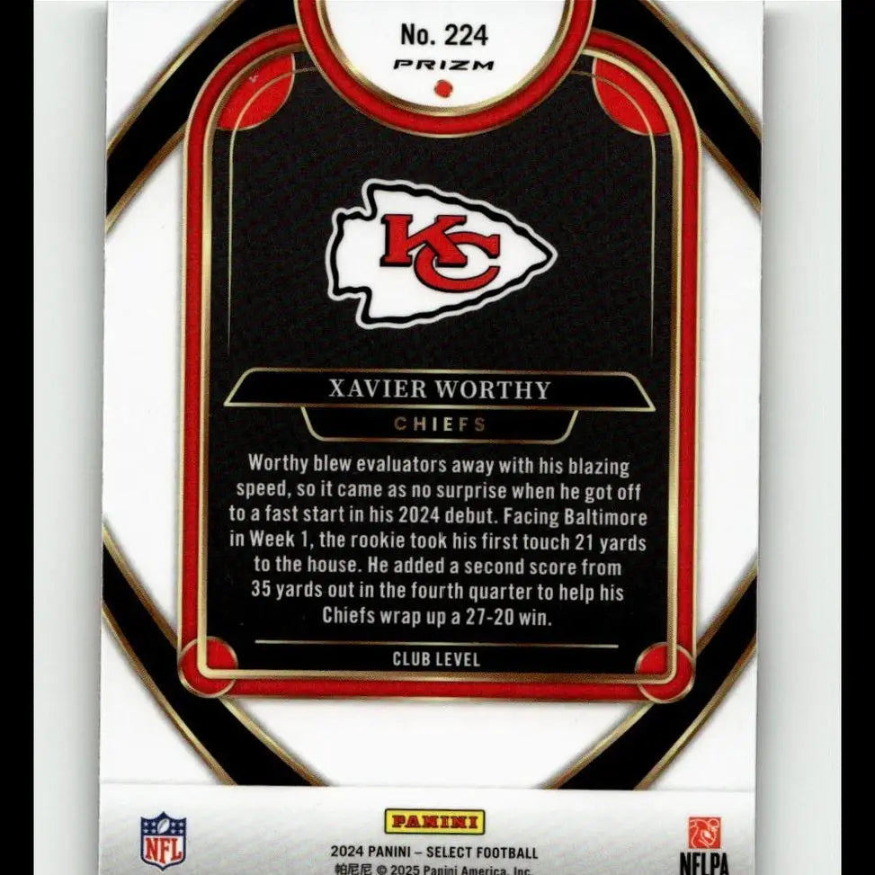 Black and red 2024 panini select football trading card featuring xavier worthy red with yellow prizm shock effect