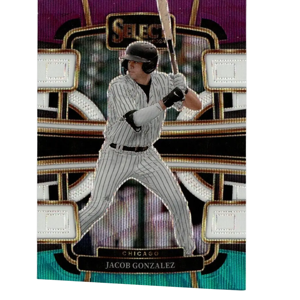 A 2024 panini select jacob gonzalez baseball card featuring tri-color prizms and ornate purple gold teal background