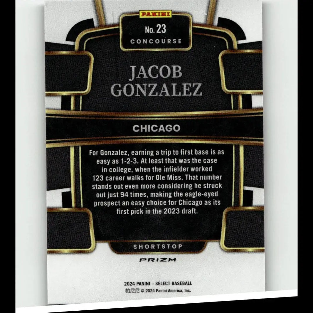 Black and gold 2024 panini select #23 jacob gonzalez tri-color prizms baseball trading card featuring chicago shortstop